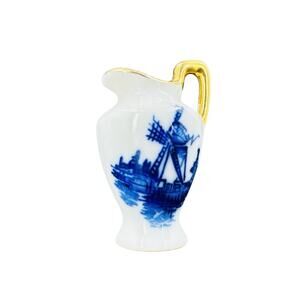 Miniature Dollhouse Pitcher White Porcelain with Blue Windmill Dutch Trim